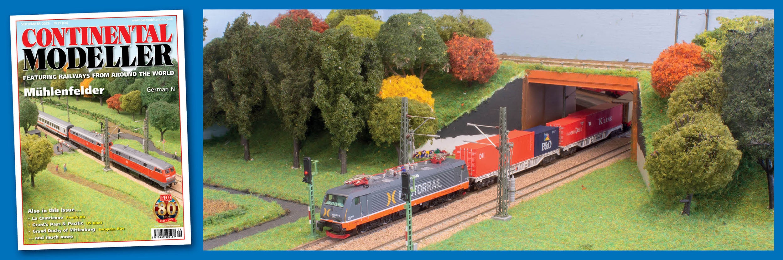 A magazine-style cover and a model train scene on a model railway. The left side shows the cover of 'Continental Modellier' with a red and gray locomotive and the title 'Mühlenthaler'.