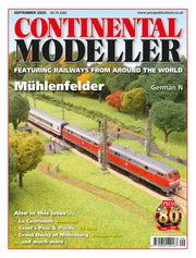 September 2026 issue of Continental Modeller magazine cover, featuring a red and gray model train on a green model railway scene. The masthead 'CONTINENTAL MODELLER' is in large red and black letters at the top, with issue details and a PETRO 80th anniversary badge in the lower right corner.
