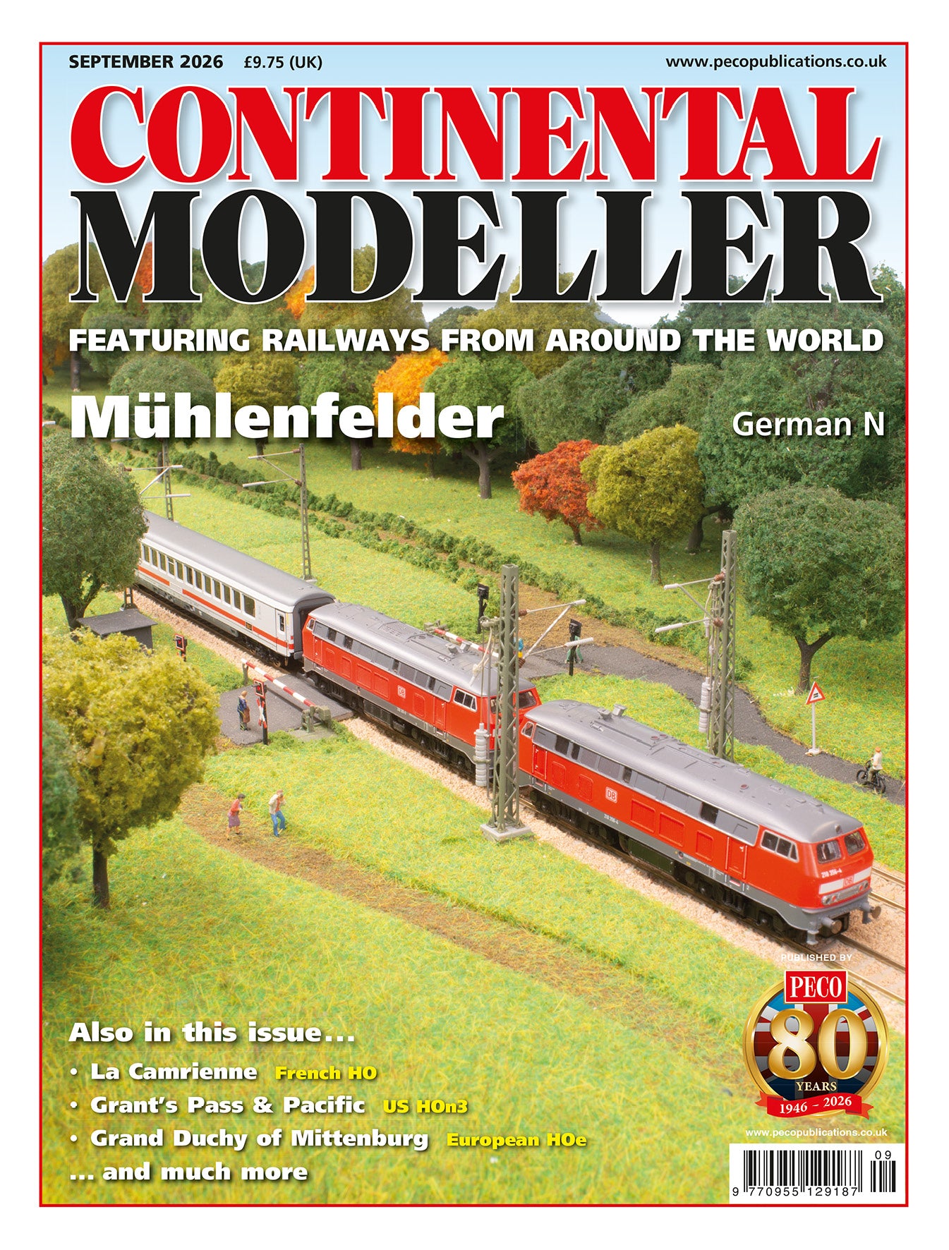 September 2026 issue of Continental Modeller magazine cover, featuring a red and gray model train on a green model railway scene. The masthead 'CONTINENTAL MODELLER' is in large red and black letters at the top, with issue details and a PETRO 80th anniversary badge in the lower right corner.