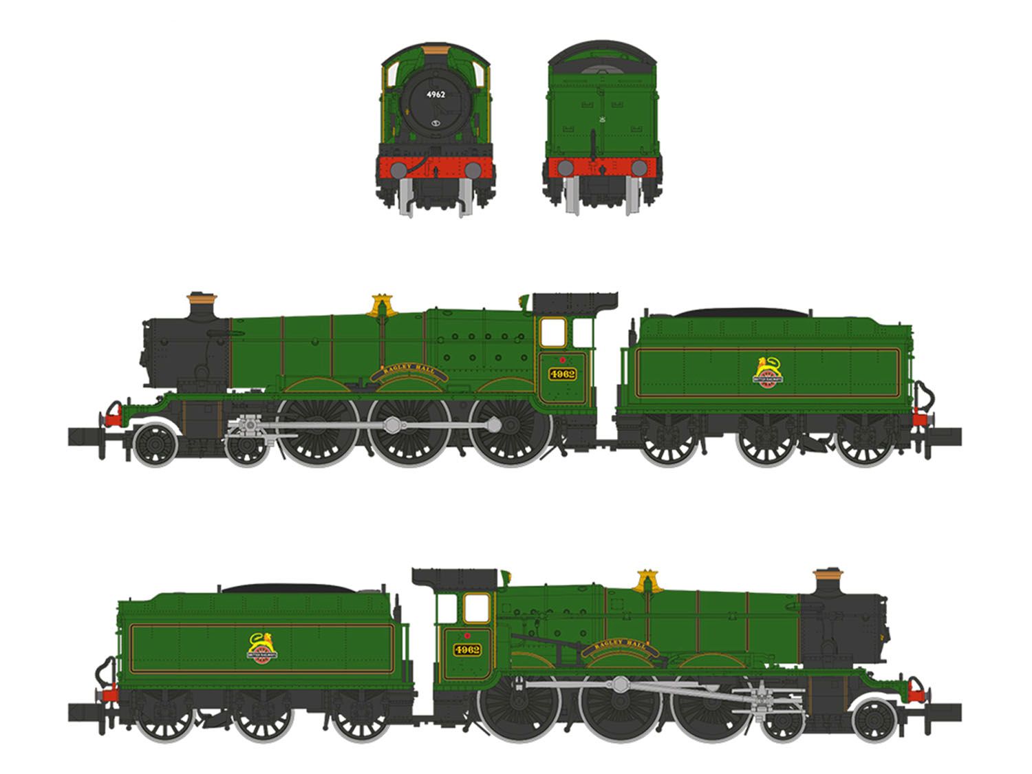 372-010  - Graham Farish - N - GWR 49XX 'Hall' 4962 'Ragley Hall' BR Lined Green (Early Emblem) N