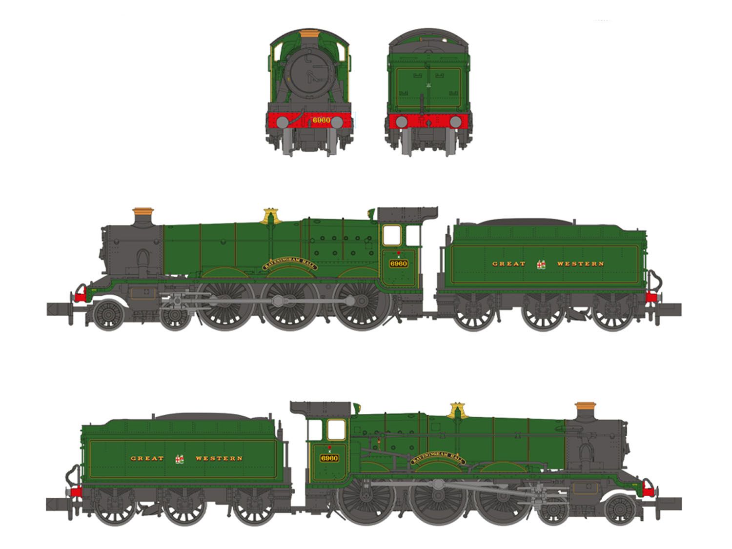 372-450 - Bachmann - N - GWR 'Modified Hall' 6960 'Raveningham Hall' GWR Lined Green (GW Crest)
