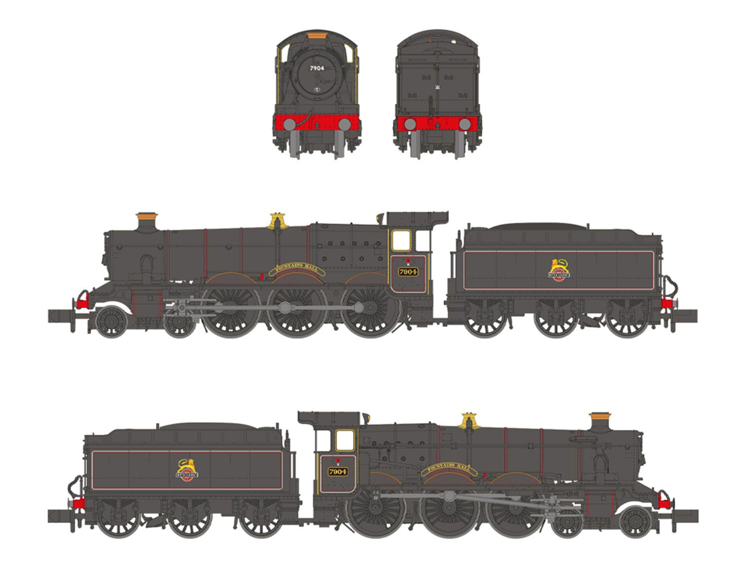 372-451 - Graham Farish - N - GWR 'Modified Hall' 7904 'Fountains Hall' BR Lined Black (Early Emb.)