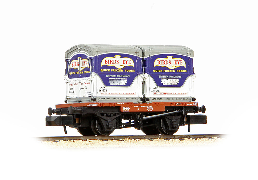 377-341C - Graham Farish - N - Conflat Wagon BR Bauxite (Early) with x2 AF Containers 'Birds Eye'
