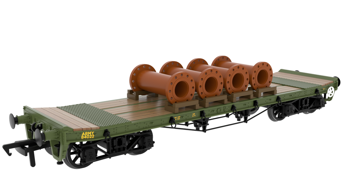 985018 - Rapido - OO - WD 35T Rectank No.84022 - Army Green (Pipe Load)