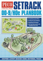 Book cover of PECO Setrack OO-9/H0e Planbook with track layout illustration and text.