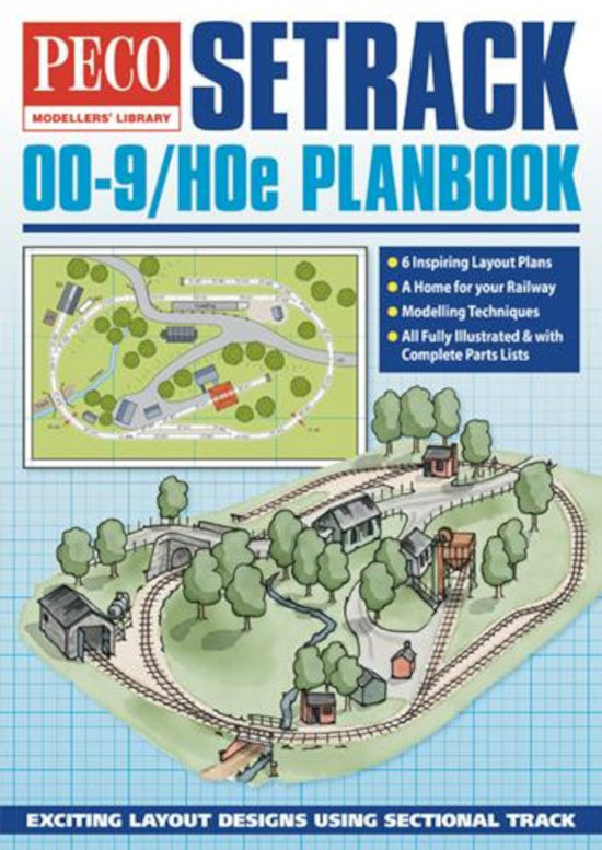 Book cover of PECO Setrack OO-9/H0e Planbook with track layout illustration and text.