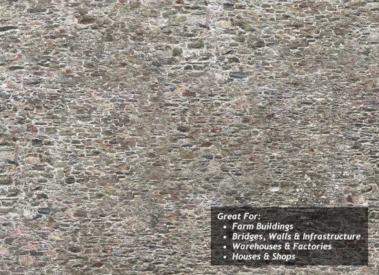TX220 - Scale Model Scenery - OO/HO - Old Stone Wall Texture Paper (Pack of 5)