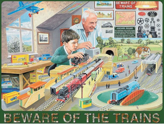 'Beware of the Trains, Grandad's Attic' Metal Wall Sign
