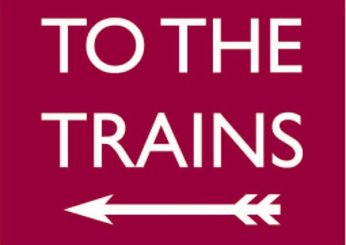 'To the Trains' Left Arrow Maroon Retro Metal Wall Sign