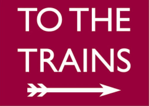 'To the Trains' Right Arrow Maroon Retro Metal Wall Sign