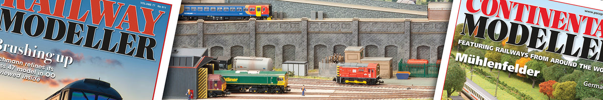 Two magazine covers for model railways are shown side by side against a white background. The left cover reads 'Railway Modeleller' and shows a model train layout with a locomotive and bridge.