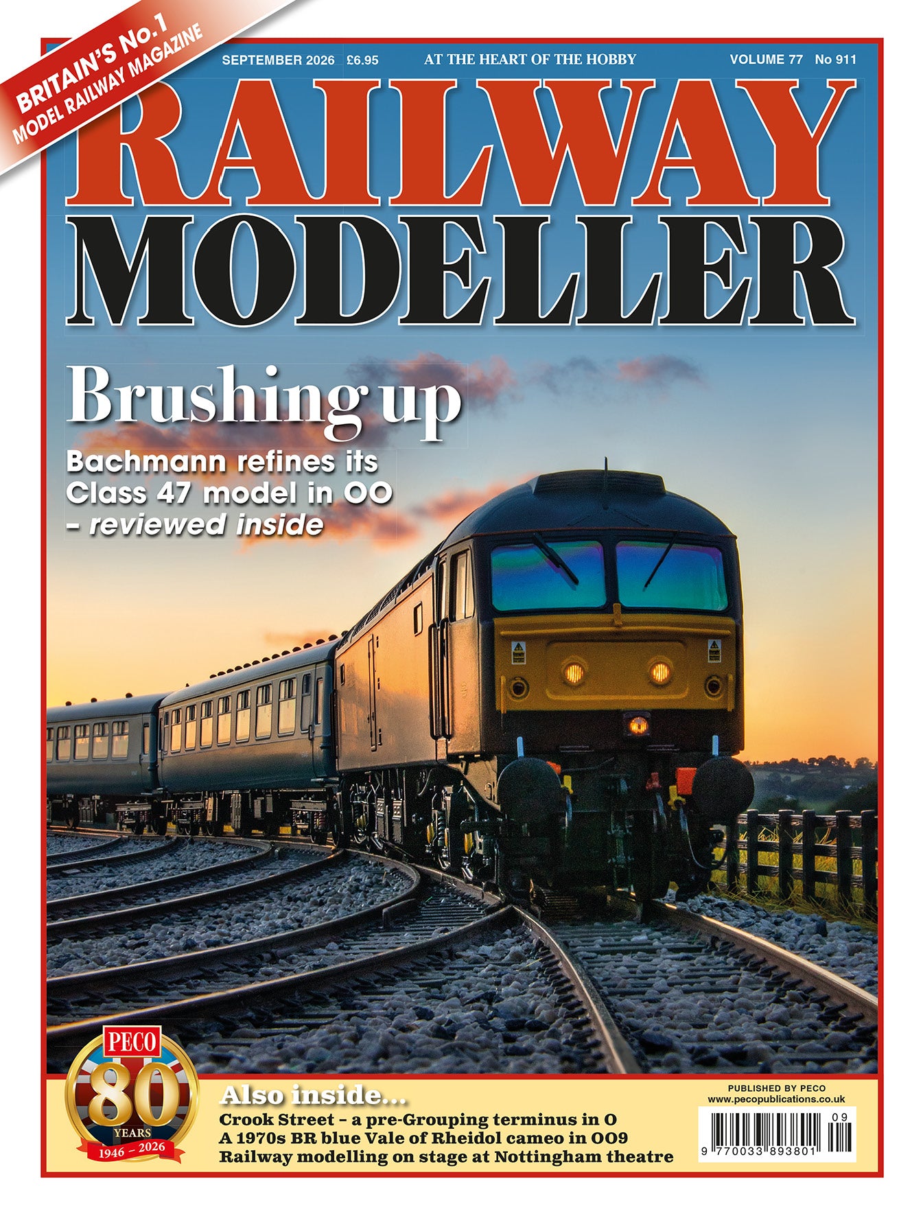 Front cover of Railway Modeller magazine, September 2026 issue, featuring a Class 47 model train on tracks at sunset. The title 'Railway Modeller' appears in large red and black letters at the top, with cover text and smaller article teasers around the cover.